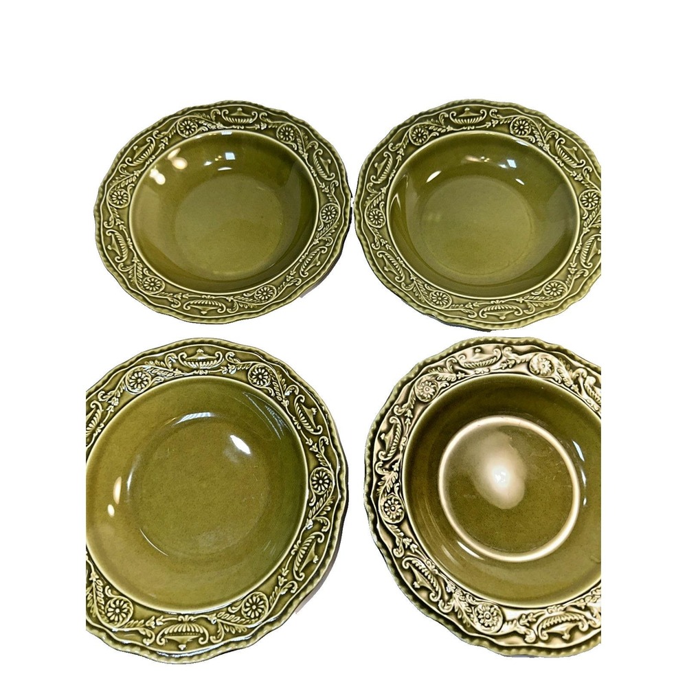 4 Vintage Regency Ironstone Canonsburg Pottery Green Soup BOWLS 1968 8.5" MCM